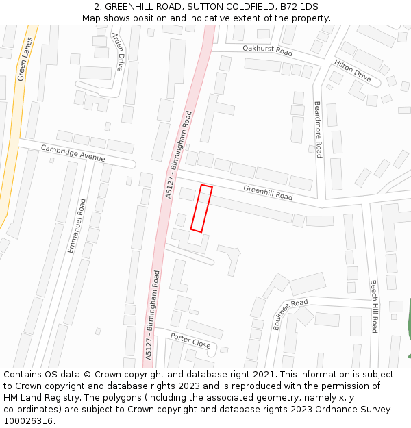 2, GREENHILL ROAD, SUTTON COLDFIELD, B72 1DS: Location map and indicative extent of plot