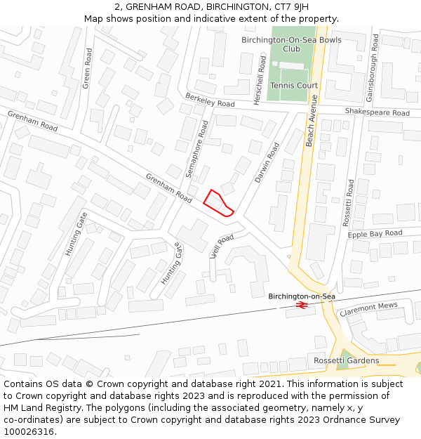 2, GRENHAM ROAD, BIRCHINGTON, CT7 9JH: Location map and indicative extent of plot