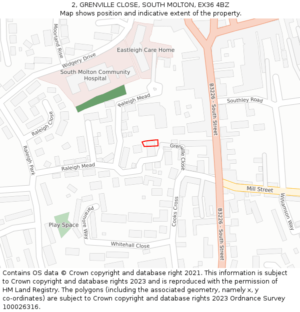 2, GRENVILLE CLOSE, SOUTH MOLTON, EX36 4BZ: Location map and indicative extent of plot