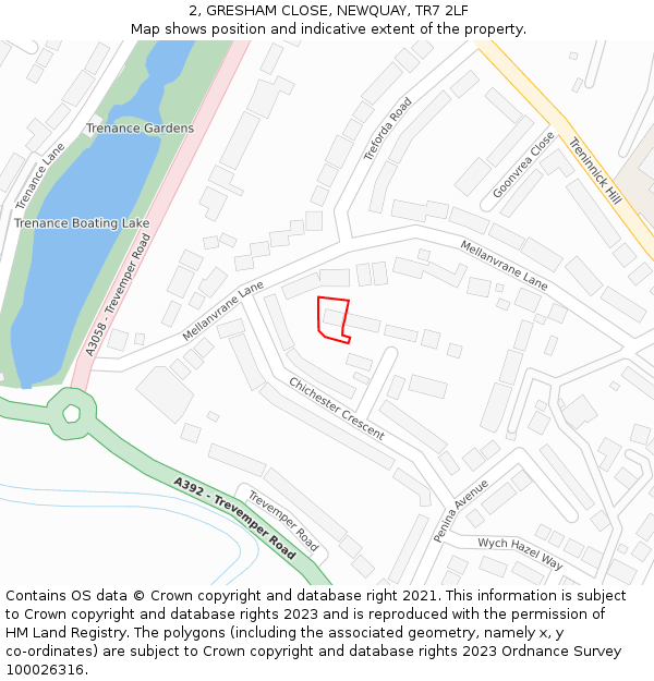 2, GRESHAM CLOSE, NEWQUAY, TR7 2LF: Location map and indicative extent of plot