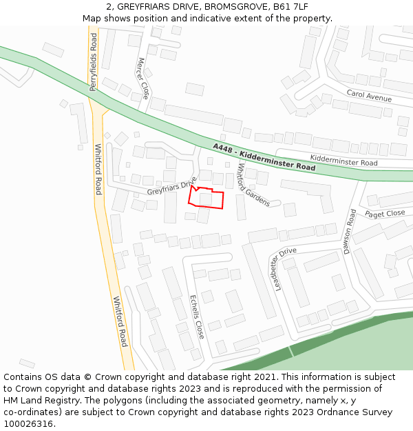 2, GREYFRIARS DRIVE, BROMSGROVE, B61 7LF: Location map and indicative extent of plot