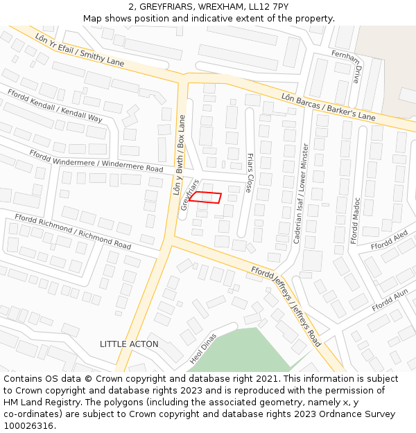 2, GREYFRIARS, WREXHAM, LL12 7PY: Location map and indicative extent of plot