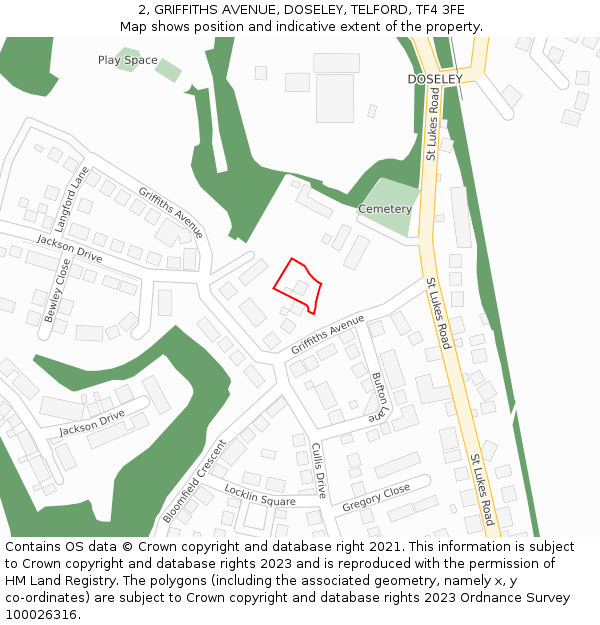 2, GRIFFITHS AVENUE, DOSELEY, TELFORD, TF4 3FE: Location map and indicative extent of plot