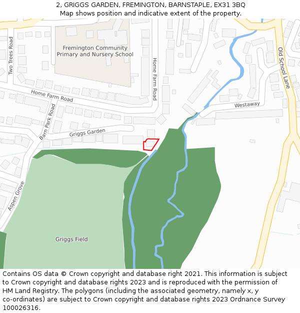 2, GRIGGS GARDEN, FREMINGTON, BARNSTAPLE, EX31 3BQ: Location map and indicative extent of plot