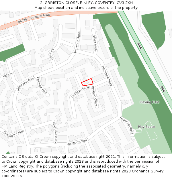 2, GRIMSTON CLOSE, BINLEY, COVENTRY, CV3 2XH: Location map and indicative extent of plot