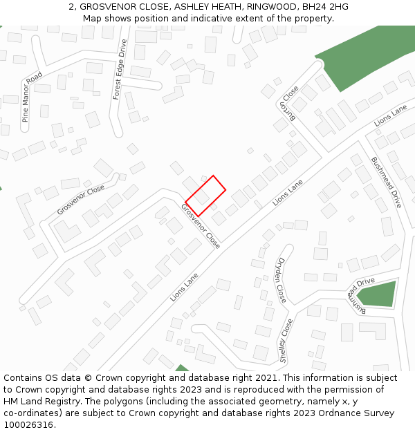 2, GROSVENOR CLOSE, ASHLEY HEATH, RINGWOOD, BH24 2HG: Location map and indicative extent of plot