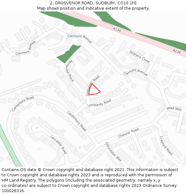 2, GROSVENOR ROAD, SUDBURY, CO10 1FE: Location map and indicative extent of plot