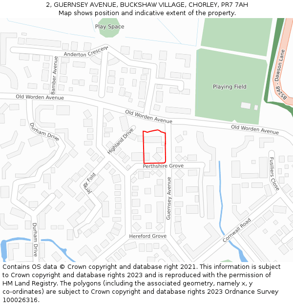 2, GUERNSEY AVENUE, BUCKSHAW VILLAGE, CHORLEY, PR7 7AH: Location map and indicative extent of plot