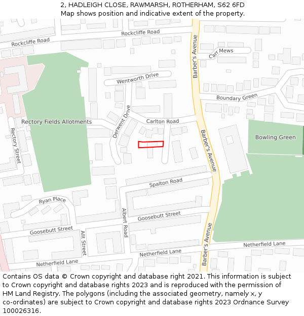 2, HADLEIGH CLOSE, RAWMARSH, ROTHERHAM, S62 6FD: Location map and indicative extent of plot