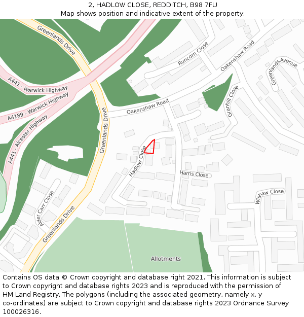 2, HADLOW CLOSE, REDDITCH, B98 7FU: Location map and indicative extent of plot