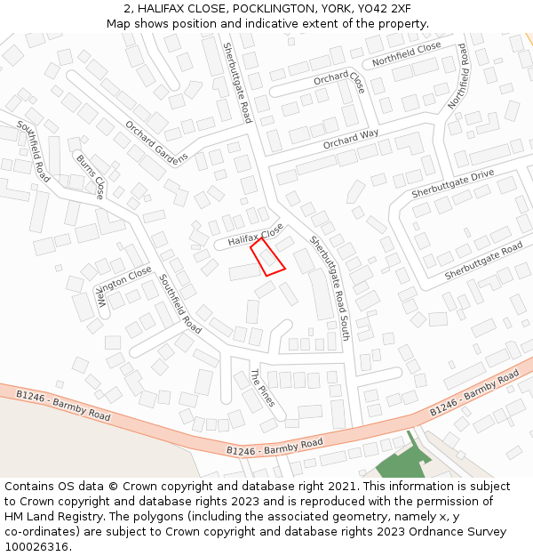 2, HALIFAX CLOSE, POCKLINGTON, YORK, YO42 2XF: Location map and indicative extent of plot