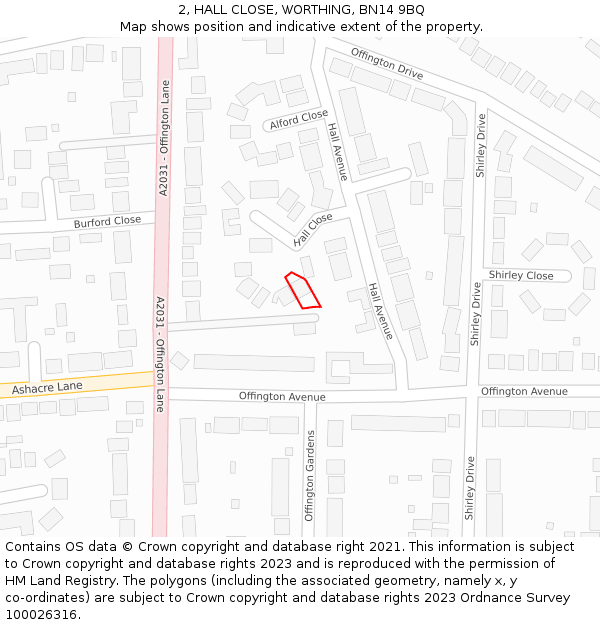 2, HALL CLOSE, WORTHING, BN14 9BQ: Location map and indicative extent of plot