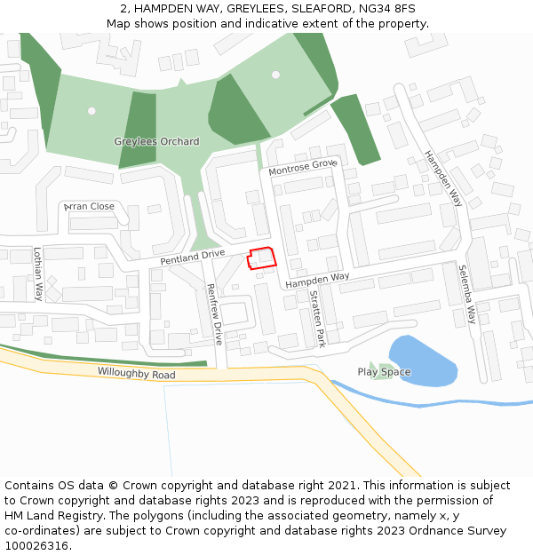 2, HAMPDEN WAY, GREYLEES, SLEAFORD, NG34 8FS: Location map and indicative extent of plot