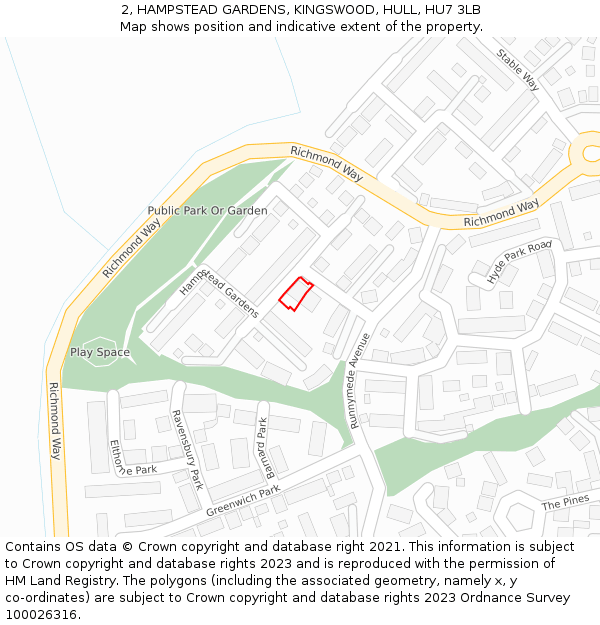 2, HAMPSTEAD GARDENS, KINGSWOOD, HULL, HU7 3LB: Location map and indicative extent of plot