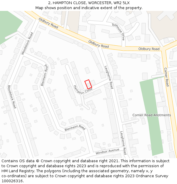 2, HAMPTON CLOSE, WORCESTER, WR2 5LX: Location map and indicative extent of plot