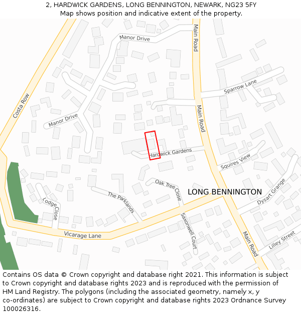 2, HARDWICK GARDENS, LONG BENNINGTON, NEWARK, NG23 5FY: Location map and indicative extent of plot