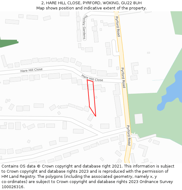 2, HARE HILL CLOSE, PYRFORD, WOKING, GU22 8UH: Location map and indicative extent of plot