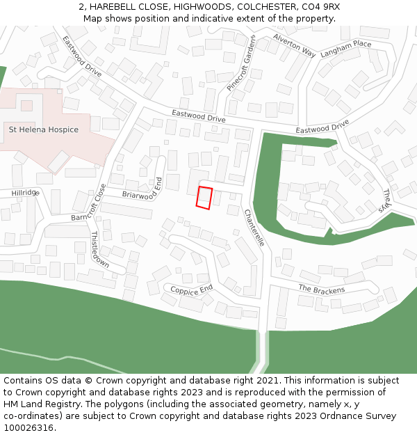 2, HAREBELL CLOSE, HIGHWOODS, COLCHESTER, CO4 9RX: Location map and indicative extent of plot