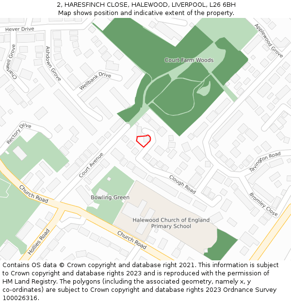 2, HARESFINCH CLOSE, HALEWOOD, LIVERPOOL, L26 6BH: Location map and indicative extent of plot