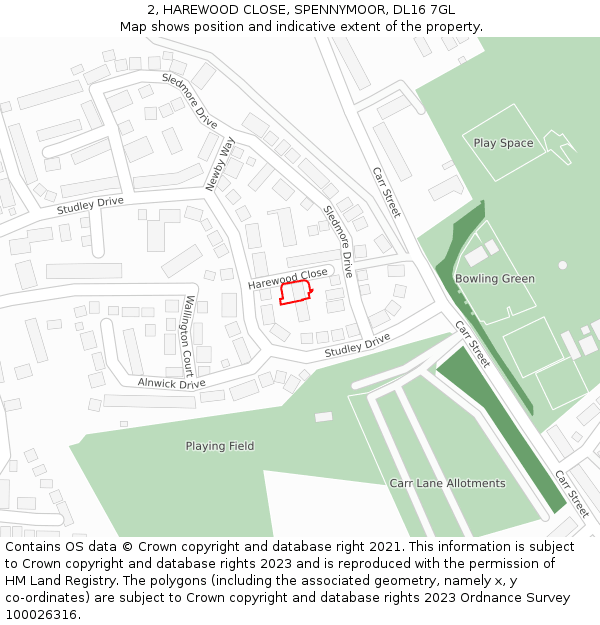 2, HAREWOOD CLOSE, SPENNYMOOR, DL16 7GL: Location map and indicative extent of plot