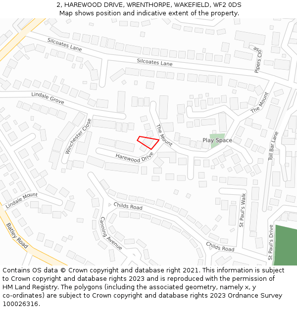 2, HAREWOOD DRIVE, WRENTHORPE, WAKEFIELD, WF2 0DS: Location map and indicative extent of plot