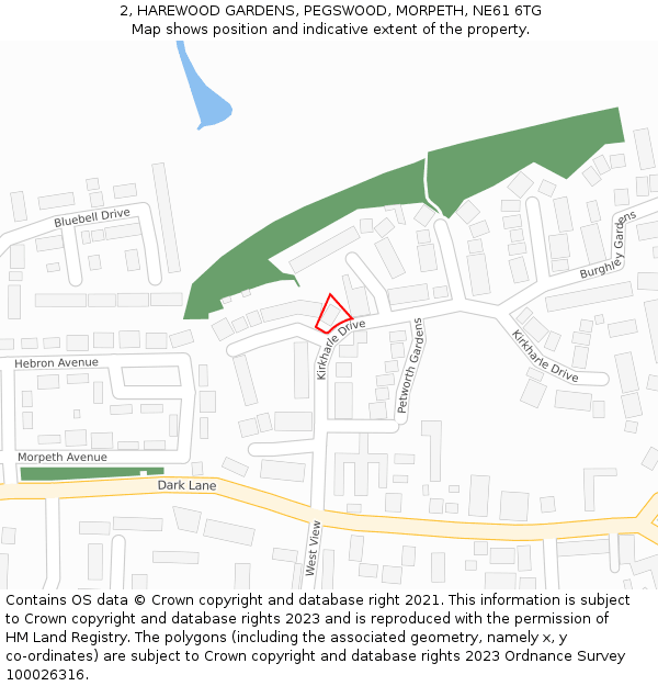 2, HAREWOOD GARDENS, PEGSWOOD, MORPETH, NE61 6TG: Location map and indicative extent of plot