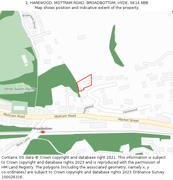 2, HAREWOOD, MOTTRAM ROAD, BROADBOTTOM, HYDE, SK14 6BB: Location map and indicative extent of plot