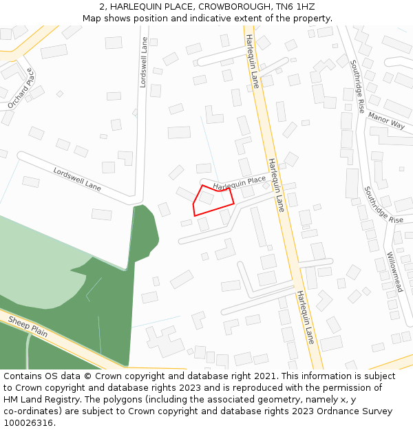 2, HARLEQUIN PLACE, CROWBOROUGH, TN6 1HZ: Location map and indicative extent of plot