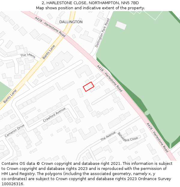 2, HARLESTONE CLOSE, NORTHAMPTON, NN5 7BD: Location map and indicative extent of plot