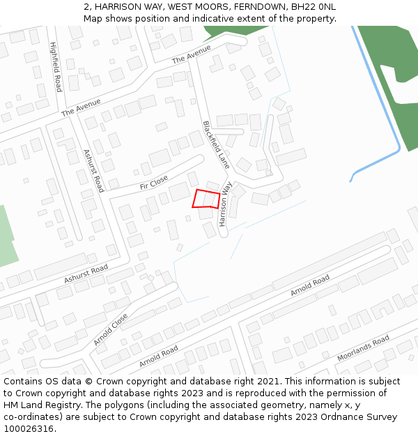 2, HARRISON WAY, WEST MOORS, FERNDOWN, BH22 0NL: Location map and indicative extent of plot