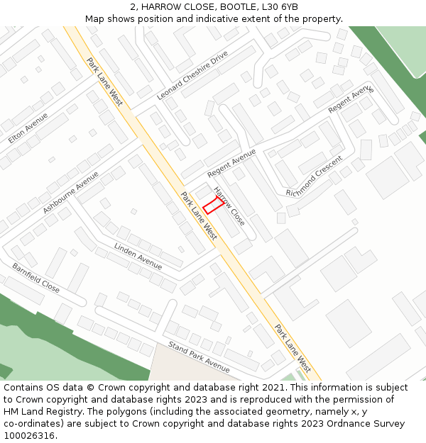 2, HARROW CLOSE, BOOTLE, L30 6YB: Location map and indicative extent of plot