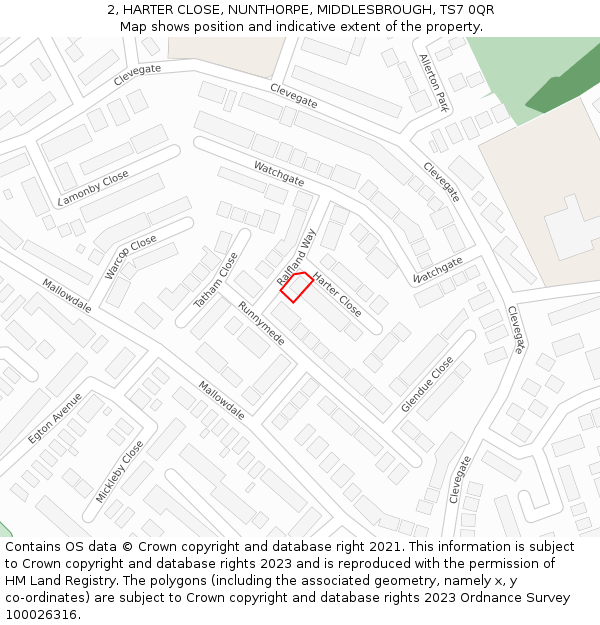 2, HARTER CLOSE, NUNTHORPE, MIDDLESBROUGH, TS7 0QR: Location map and indicative extent of plot