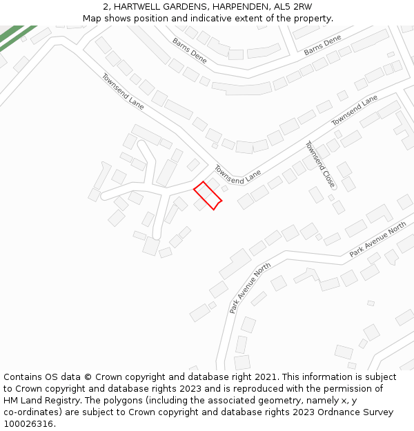 2, HARTWELL GARDENS, HARPENDEN, AL5 2RW: Location map and indicative extent of plot