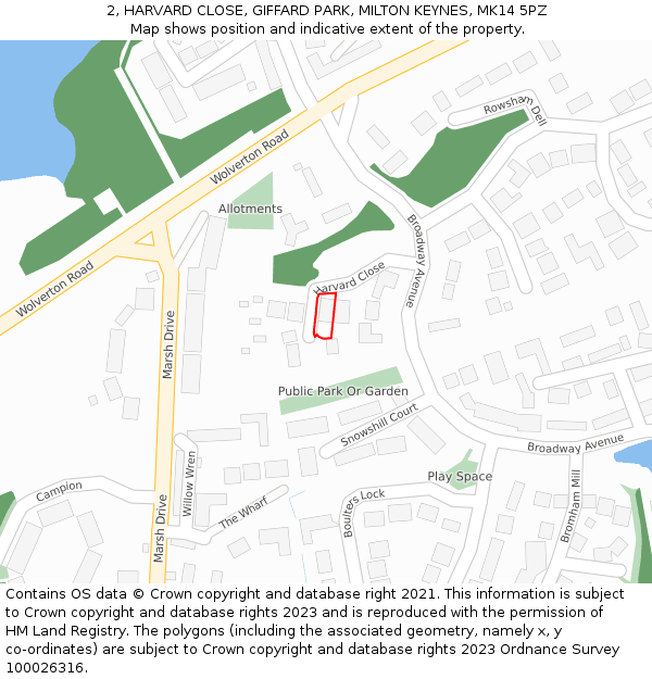 2, HARVARD CLOSE, GIFFARD PARK, MILTON KEYNES, MK14 5PZ: Location map and indicative extent of plot