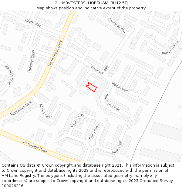 2, HARVESTERS, HORSHAM, RH12 5TJ: Location map and indicative extent of plot