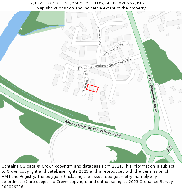 2, HASTINGS CLOSE, YSBYTTY FIELDS, ABERGAVENNY, NP7 9JD: Location map and indicative extent of plot