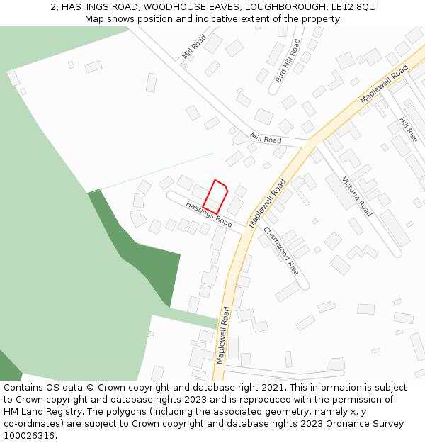 2, HASTINGS ROAD, WOODHOUSE EAVES, LOUGHBOROUGH, LE12 8QU: Location map and indicative extent of plot