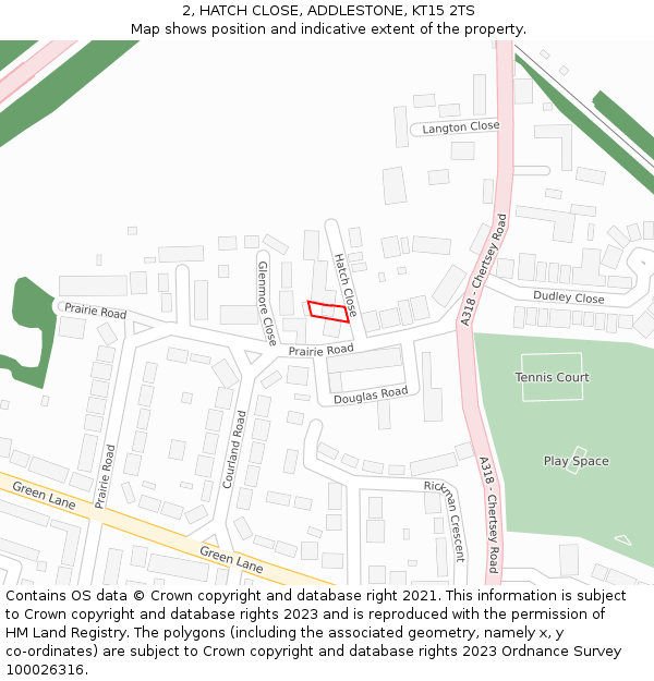 2, HATCH CLOSE, ADDLESTONE, KT15 2TS: Location map and indicative extent of plot