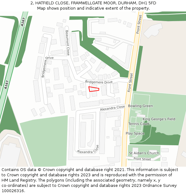 2, HATFIELD CLOSE, FRAMWELLGATE MOOR, DURHAM, DH1 5FD: Location map and indicative extent of plot