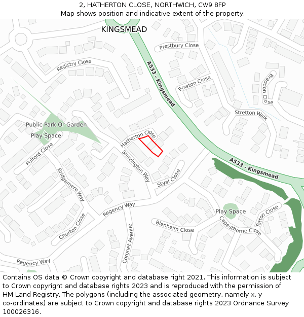 2, HATHERTON CLOSE, NORTHWICH, CW9 8FP: Location map and indicative extent of plot