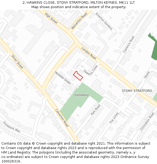 2, HAWKINS CLOSE, STONY STRATFORD, MILTON KEYNES, MK11 1LT: Location map and indicative extent of plot