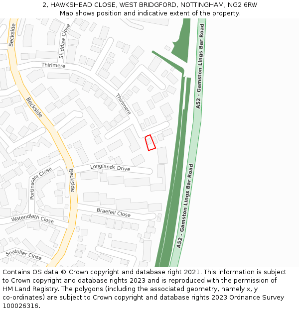 2, HAWKSHEAD CLOSE, WEST BRIDGFORD, NOTTINGHAM, NG2 6RW: Location map and indicative extent of plot