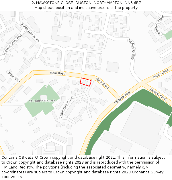 2, HAWKSTONE CLOSE, DUSTON, NORTHAMPTON, NN5 6RZ: Location map and indicative extent of plot