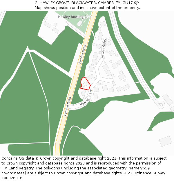 2, HAWLEY GROVE, BLACKWATER, CAMBERLEY, GU17 9JY: Location map and indicative extent of plot