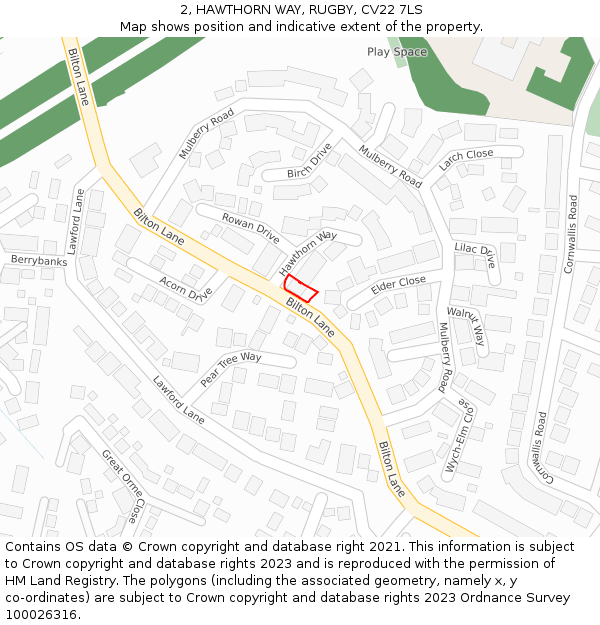 2, HAWTHORN WAY, RUGBY, CV22 7LS: Location map and indicative extent of plot