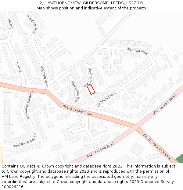 2, HAWTHORNE VIEW, GILDERSOME, LEEDS, LS27 7YL: Location map and indicative extent of plot