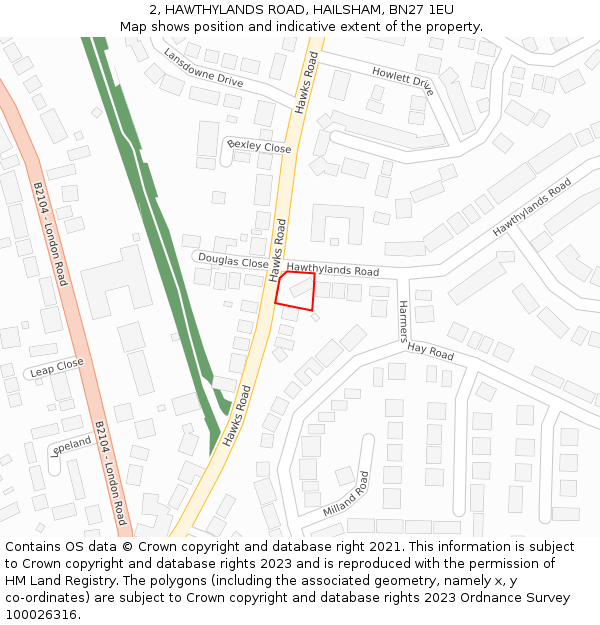 2, HAWTHYLANDS ROAD, HAILSHAM, BN27 1EU: Location map and indicative extent of plot