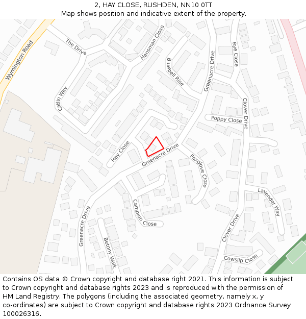 2, HAY CLOSE, RUSHDEN, NN10 0TT: Location map and indicative extent of plot