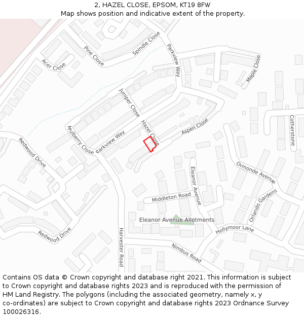 2, HAZEL CLOSE, EPSOM, KT19 8FW: Location map and indicative extent of plot