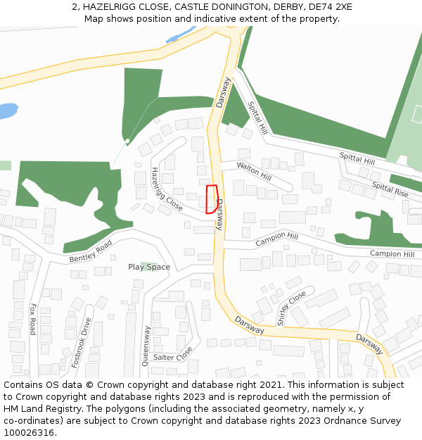 2, HAZELRIGG CLOSE, CASTLE DONINGTON, DERBY, DE74 2XE: Location map and indicative extent of plot